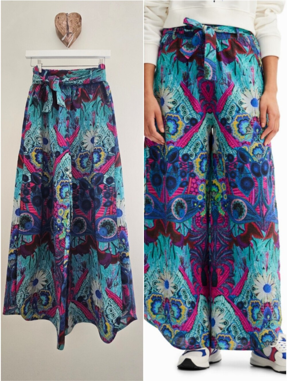 Desiqual Brilliant Mix Pattern Wide Leg Belted Open Leg Pants